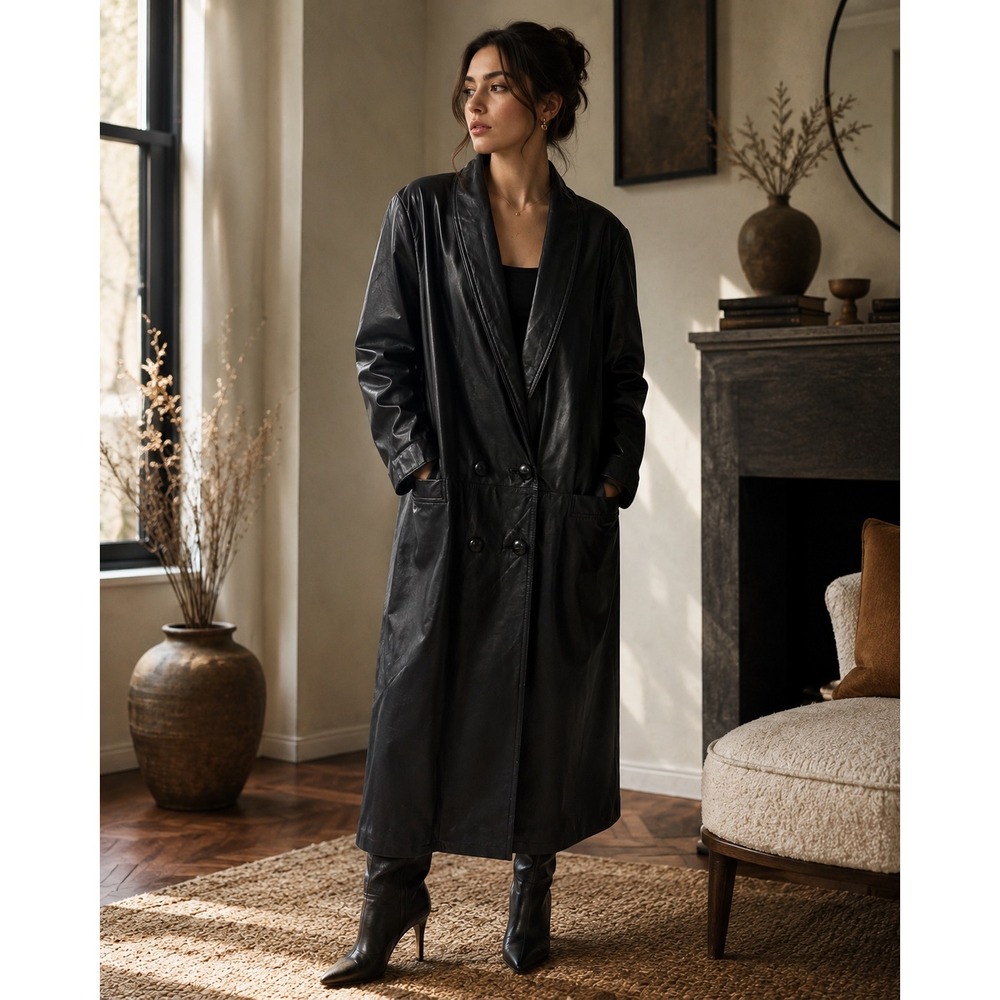 Vintage‎ Black Leather Duster Coat Long Minimalist Oversized Trench Large